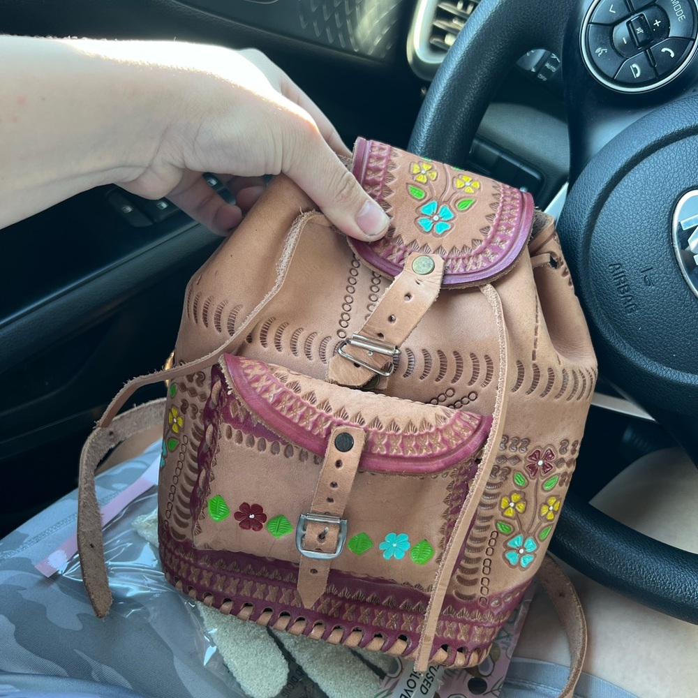 Embroidered Tan Backpack